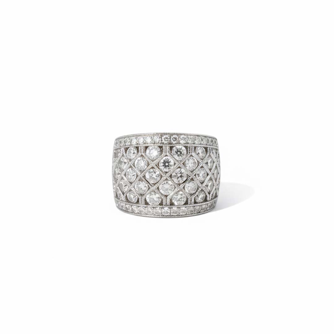18K Gold Ladies’ Wide Band Lattice Diamond Ring – 3.96ct Total of Natural White Diamonds