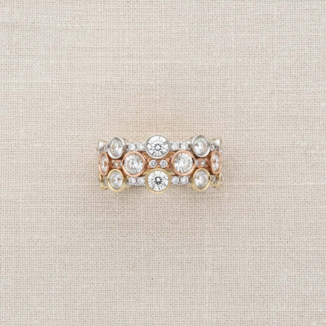14K White, Yellow & Rose Gold Bezel-Set Diamond Ring – 1.80ct Total of Modern Luxury