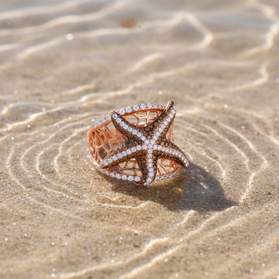 14KT Rose Gold Starfish Ring with 0.67ct Cognac Diamonds & 0.91ct White Diamonds