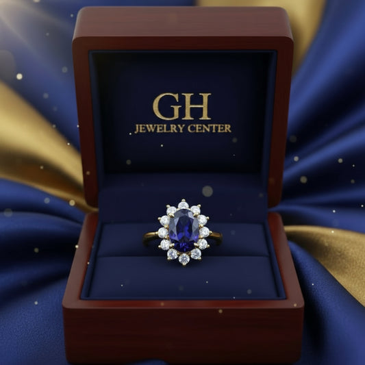 18K Yellow Gold Natural Tanzanite & Diamond Ring – 3.72ct Oval Tanzanite with 1.50ct Starburst Diamond Halo