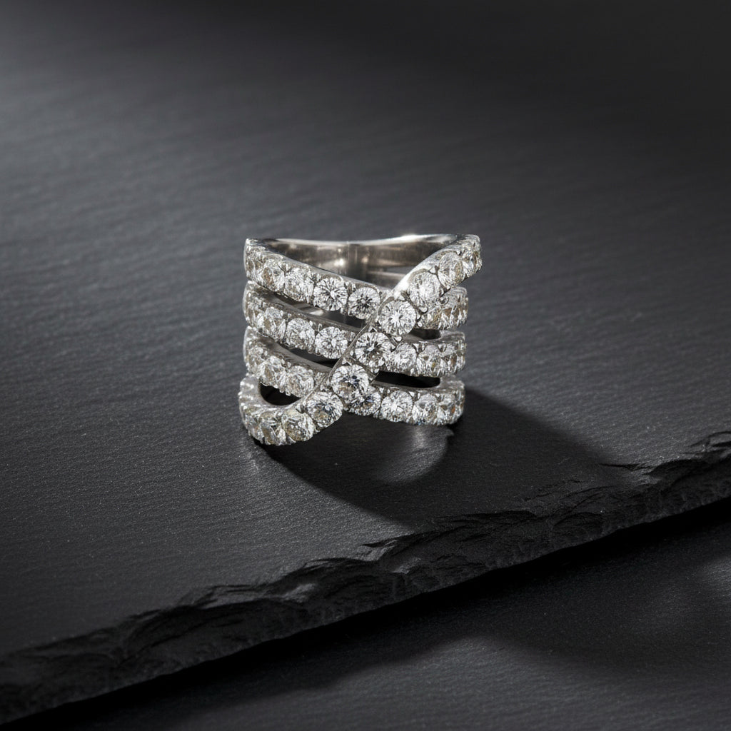 14K White Gold Multi-Band Diamond Statement Ring – 9.00 Total Carats of Dazzling Brilliance
