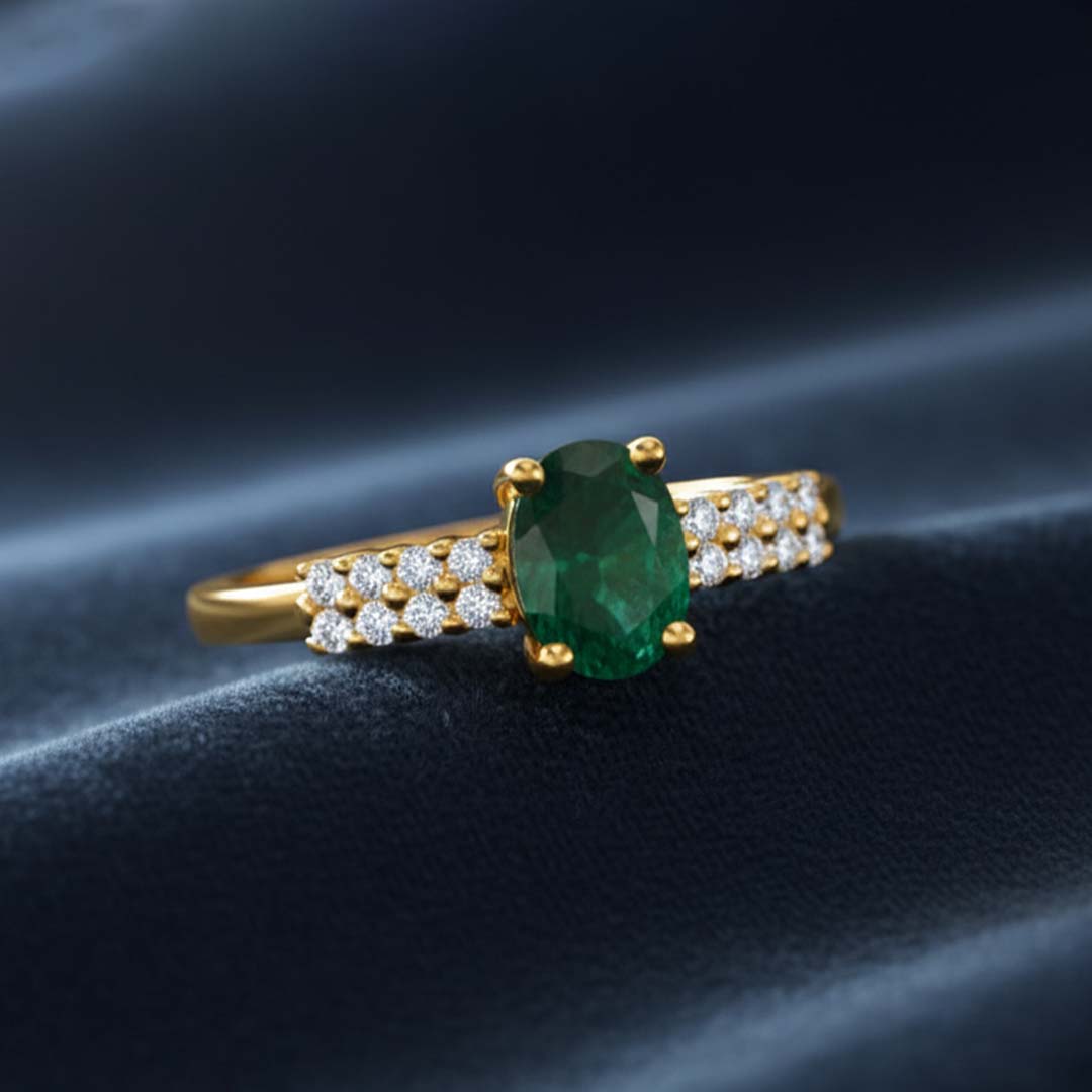 14KT Yellow Gold Oval Cut Emerald (0.92 CT) and Diamond (0.16 CT) Ring