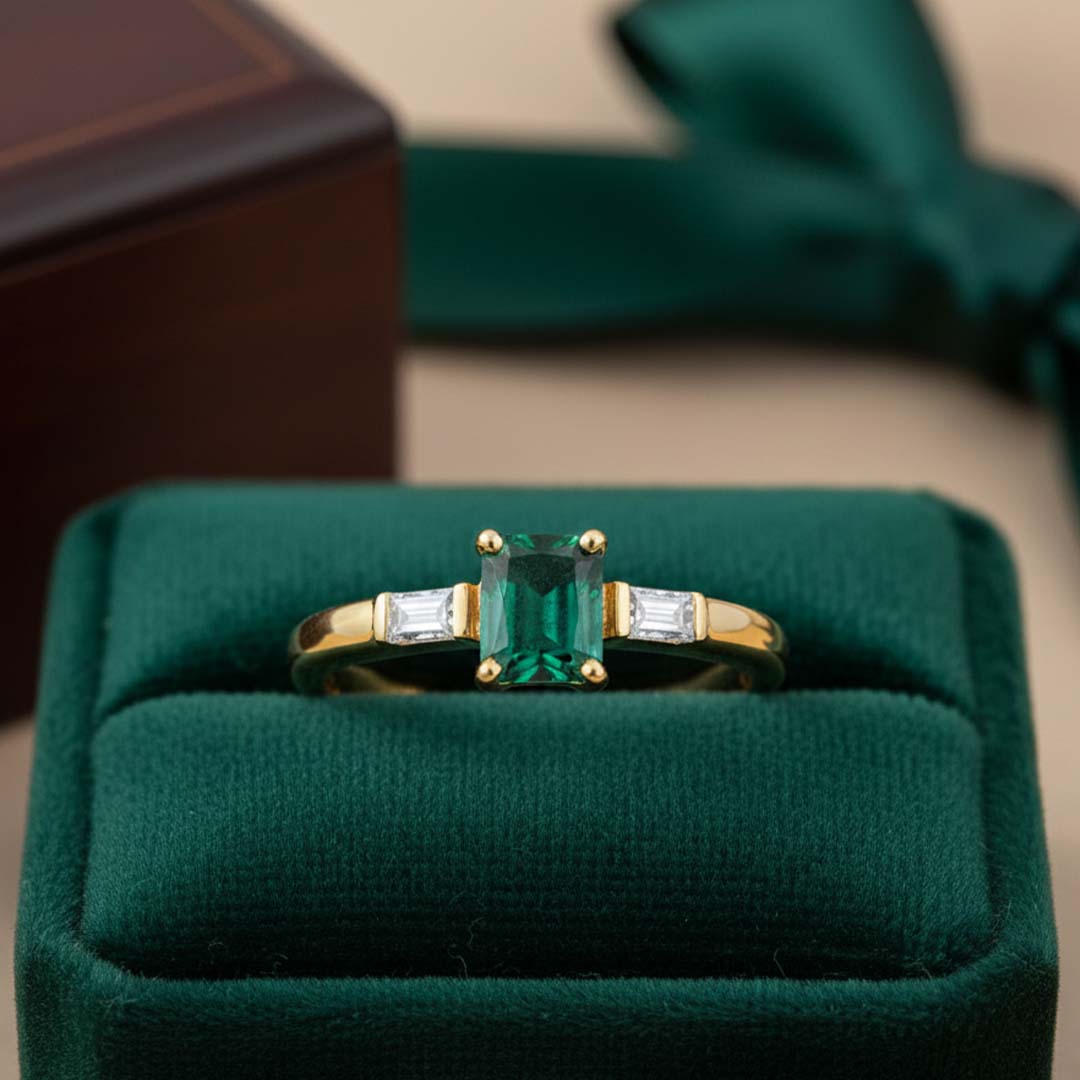 14KT Yellow Gold Princess-Cut Emerald & Baguette Diamond Ring (0.50 ct Emerald / 0.17 ctw Diamonds)