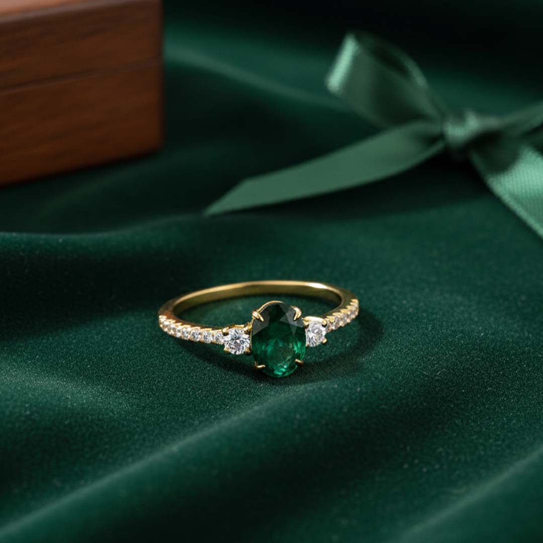 14KT Yellow Gold Oval-Cut Emerald & Diamond Ring (0.88 ct Emerald / 0.23 ctw Diamonds)