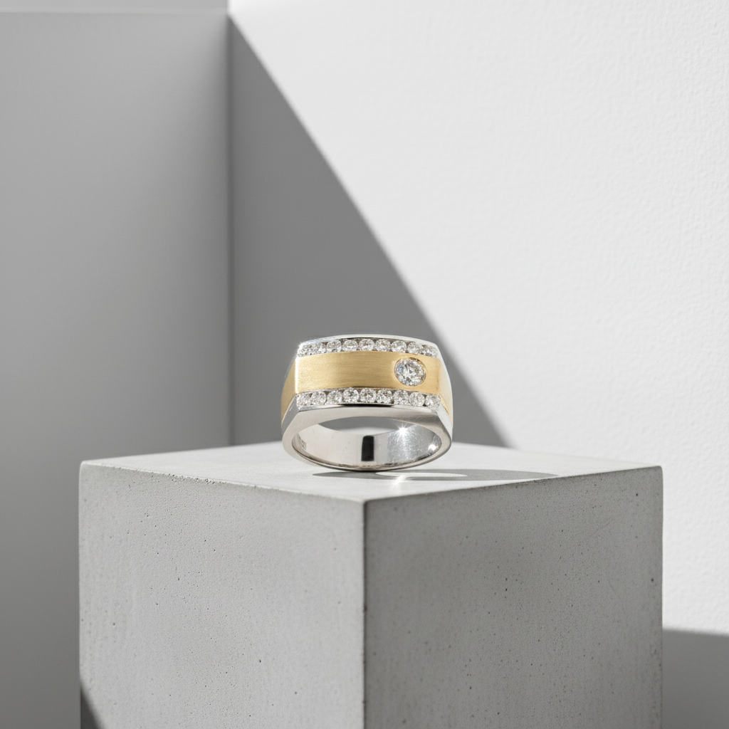 Men’s 14KT Two-Tone Gold Diamond Ring (1.10 CT. TW.) Natural Diamonds, Bezel & Channel Set)