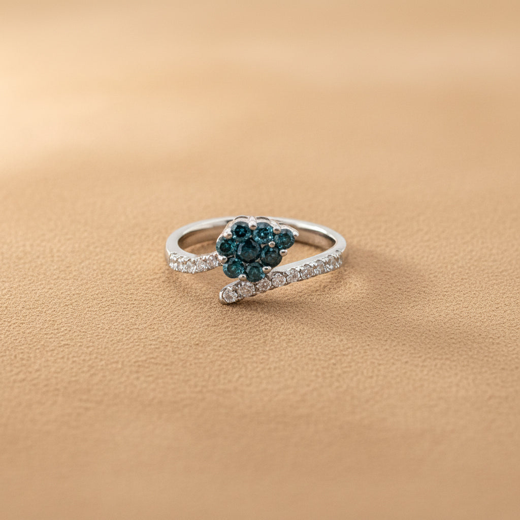 14K White Gold Blue Diamond Cluster Ring – 0.47 CT Blue, 0.29 CT White, Twisted Band