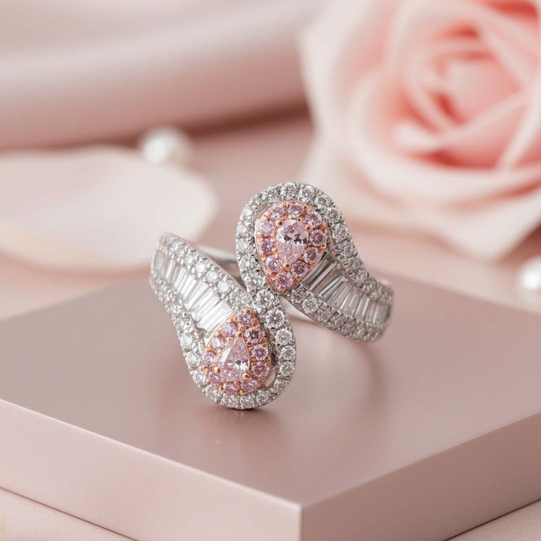 18KT Gold Modern Curve Pink & White Diamond Ring