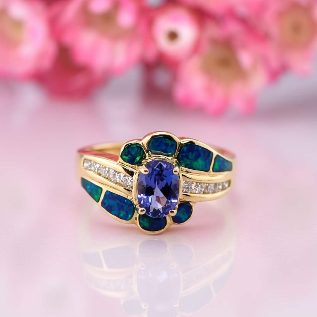 Tanzanite, Diamond & Opal Inlay Ring | 0.78 ct Oval Tanzanite, 0.41 ct Diamonds in 14K Yellow Gold