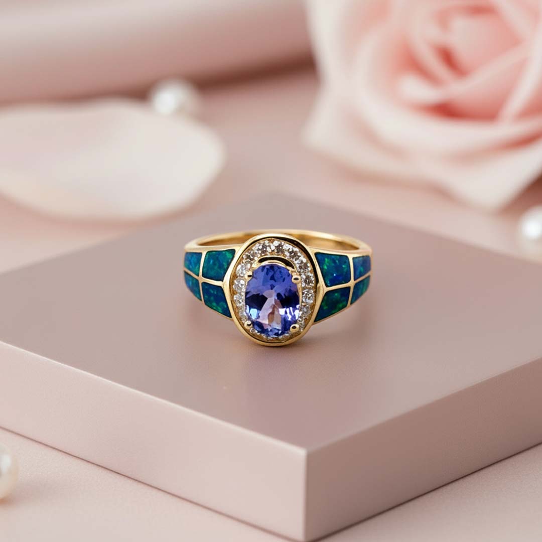 14KT Yellow Gold 1.01 CT Tanzanite and 0.24 CT Diamond Ring with Opal Inlay