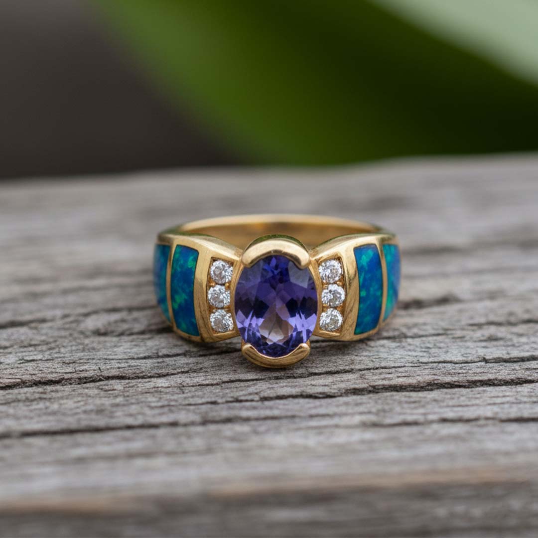 Tanzanite, Diamond & Opal Inlay Ring | 1.80 ct Oval Tanzanite, 0.24 ct Diamonds in 14K Yellow Gold
