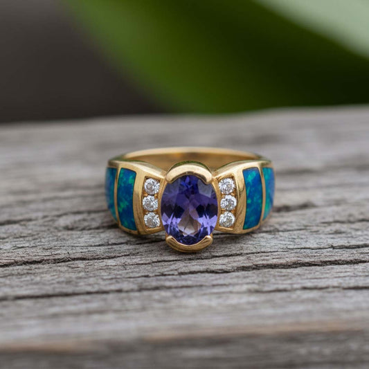 Tanzanite, Diamond & Opal Inlay Ring | 1.80 ct Oval Tanzanite, 0.24 ct Diamonds in 14K Yellow Gold