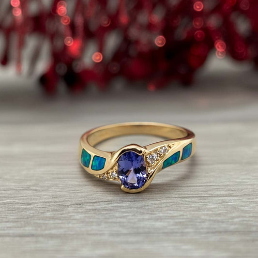 Tanzanite, Diamond & Opal Inlay Ring | 1.01 ct Tanzanite, 0.26 ct Diamonds in 14K Yellow Gold