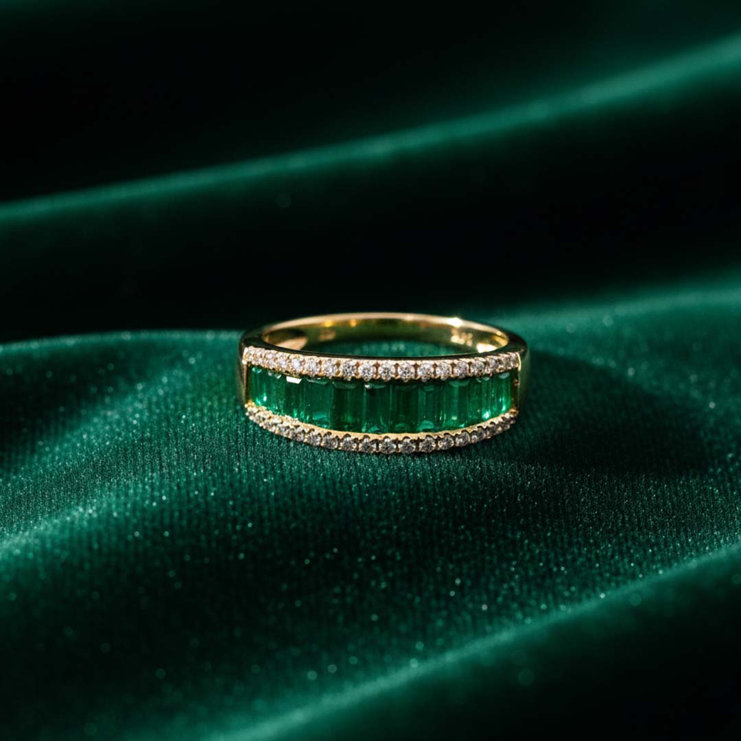 14KT Yellow Gold Emerald Cut Emerald (1.04 cts) and Diamond (0.22 cts) Band Ring