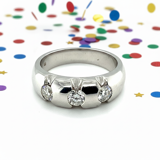 Modern luxury meets timeless power in this Men’s Half Bezel 1.15 CT Three-Diamond Ring