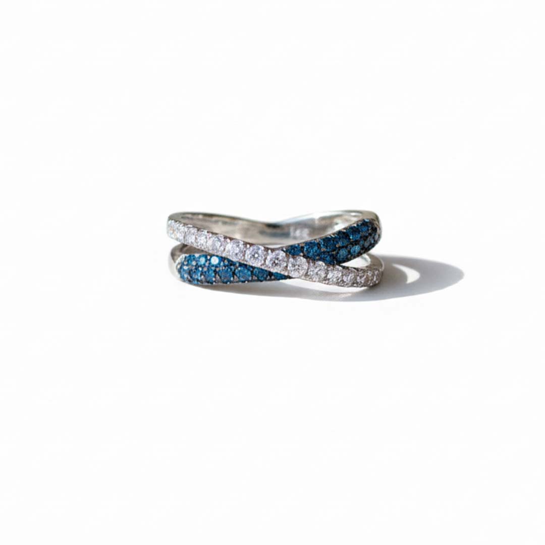 14K White Gold Blue & White Diamond Crossover Ring – 1.00 Total Carats of Modern Elegance
