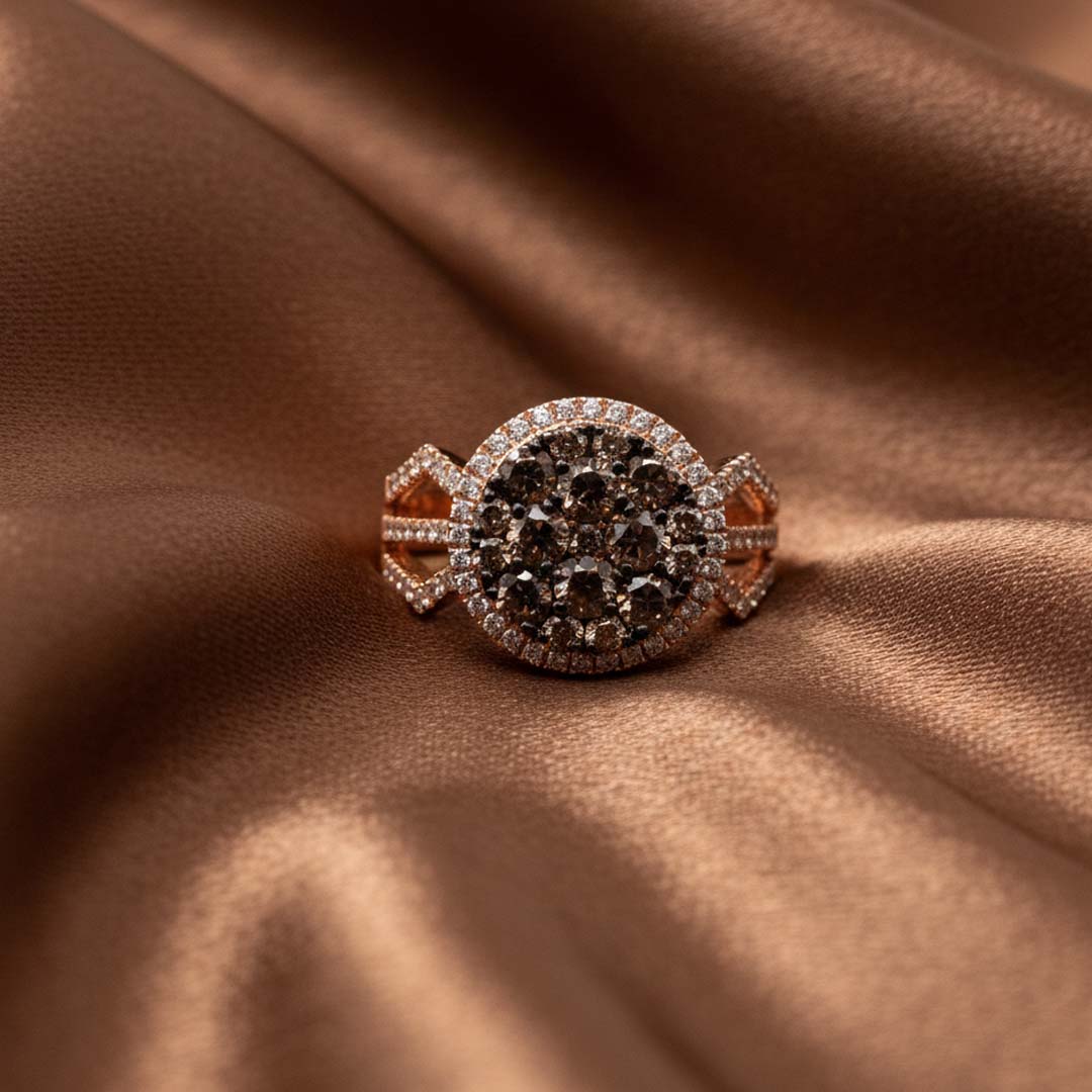14KT Rose Gold Round Cluster Ring with 2.00ct Cognac & White Diamonds