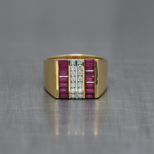 14KT White Gold Men’s Ring Featuring 0.90ct Round Rubies and 0.70ct Diamond Rows
