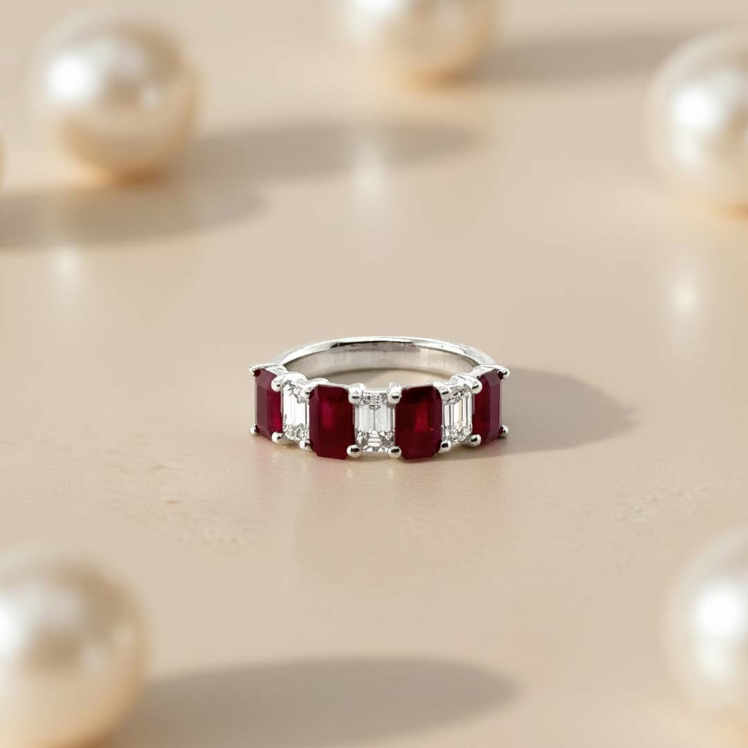 18KT White Gold Ruby and Diamond Band Ring | Emerald-Cut Ruby Anniversary Ring (RB: 2.44 CTS | DIA: 0.94 CTS)