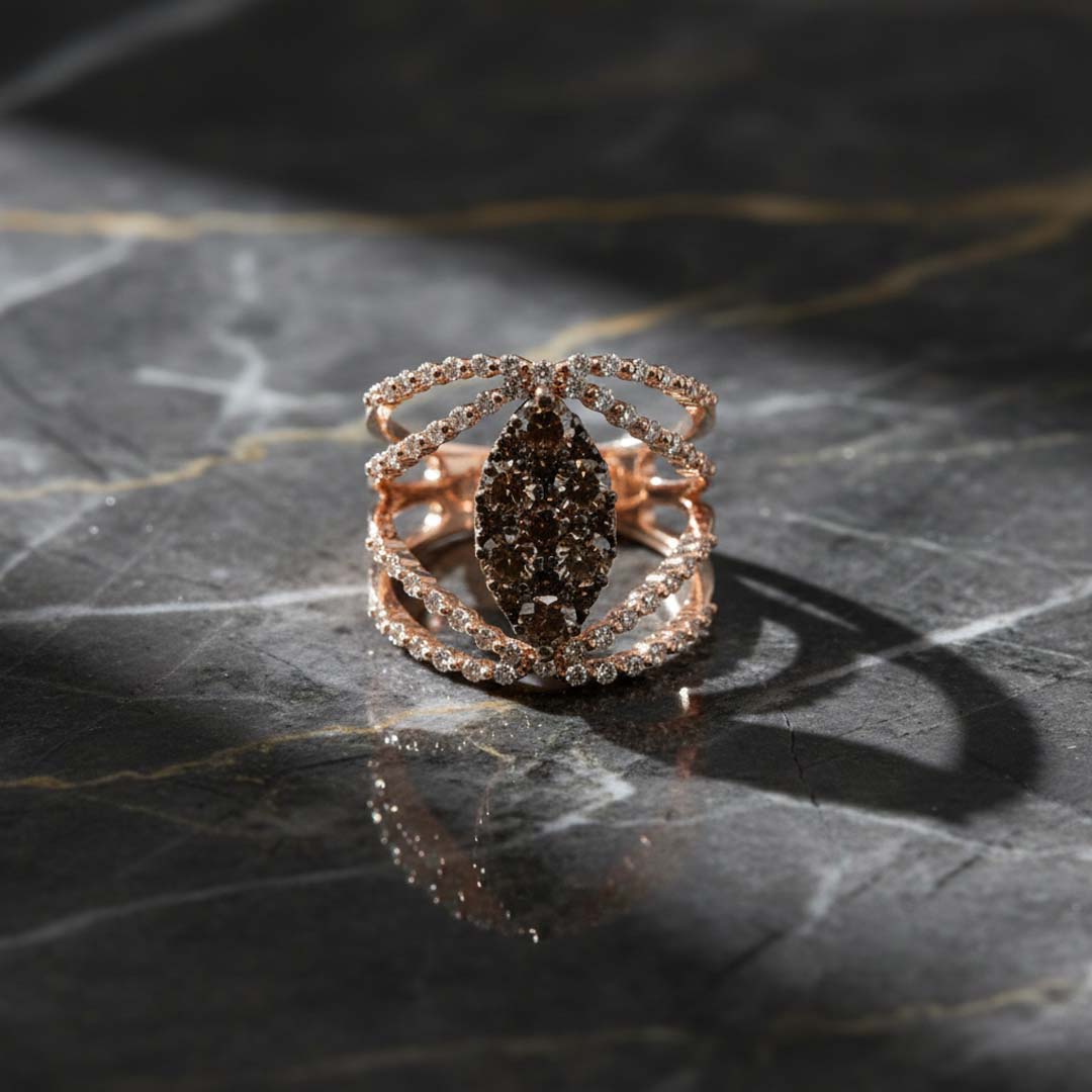 14KT Rose Gold Marquise Cluster Ring with 1.75ct Cognac & White Diamonds