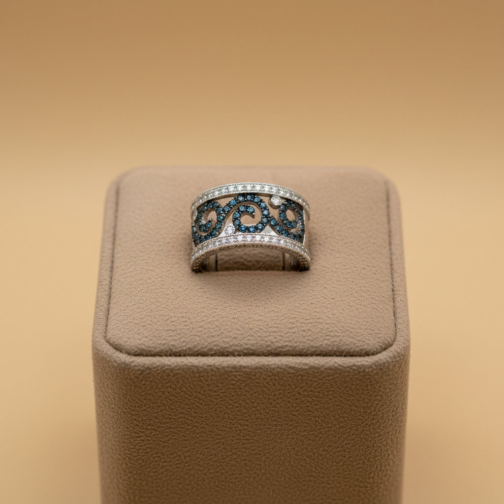 Elegant 14K White Gold Ring with 1.07 CT Blue & White Diamonds – Filigree Design