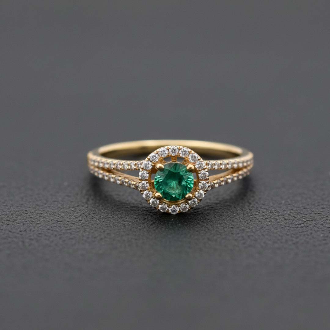 14KT Yellow Gold Round Emerald & Diamond Halo Ring (0.36 ct Emerald / 0.34 ctw Diamonds)