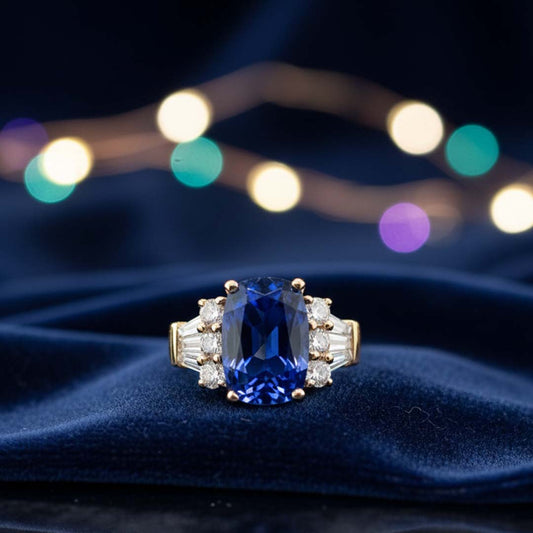 14KT Yellow Gold Radiant Cut Tanzanite & Diamond Ring – 5.75CT Tanzanite with 1.35CT Side Diamonds