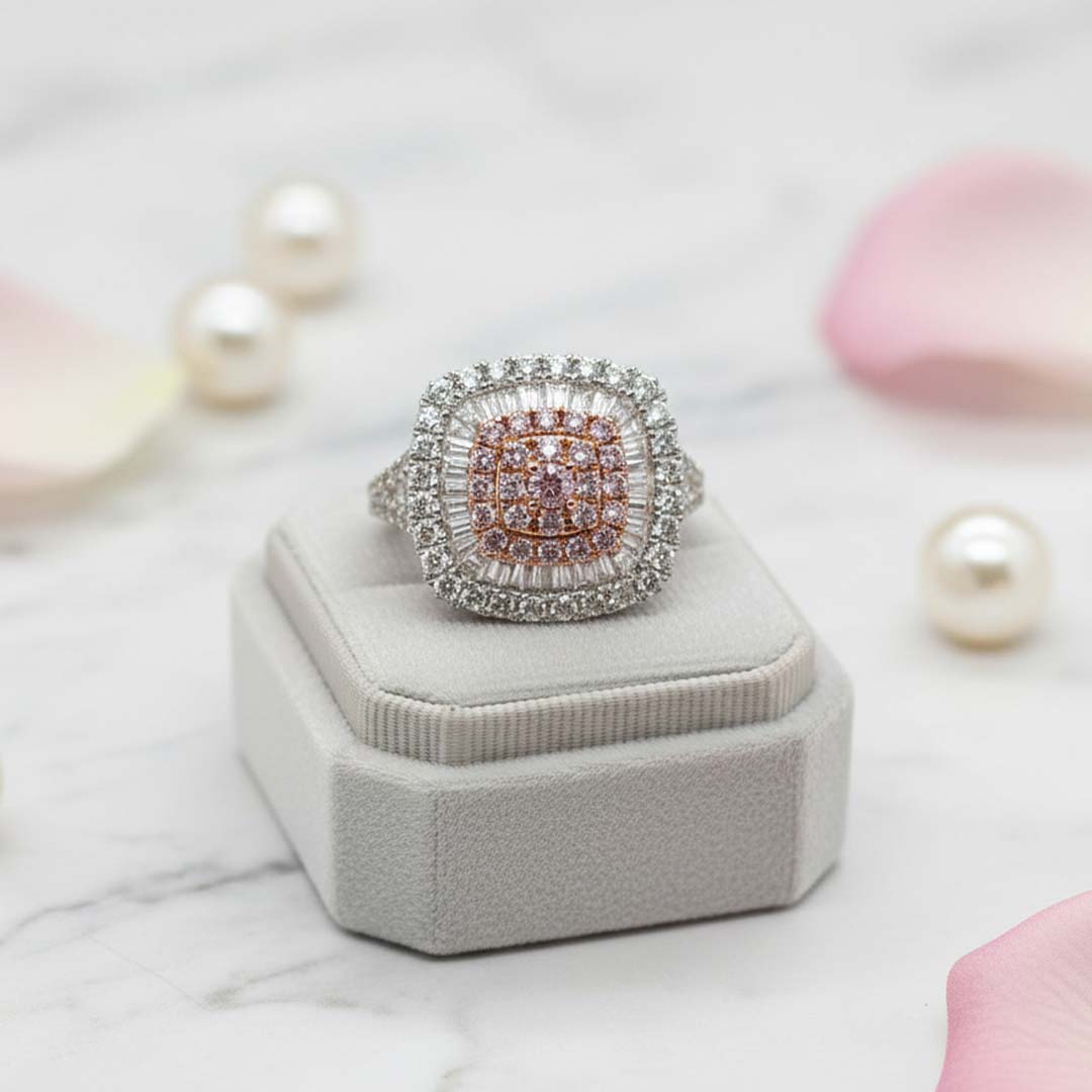 14KT Gold Pink & White Diamond Double Halo Ring – 1.84 Cts