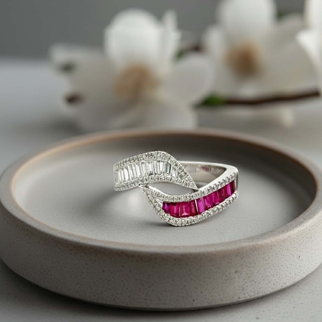 Ruby and Diamond Infinity Ring in 14KT White Gold – Elegant Crossover Design (RB: 0.35 CT, DIA: 0.85 CT)