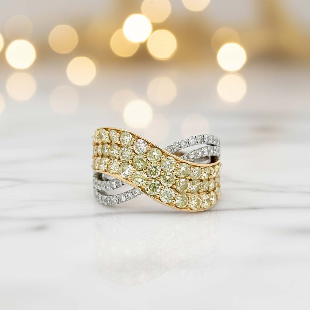 14KT Two-Tone Gold Fancy Yellow and White Diamond Crossover Band Ring