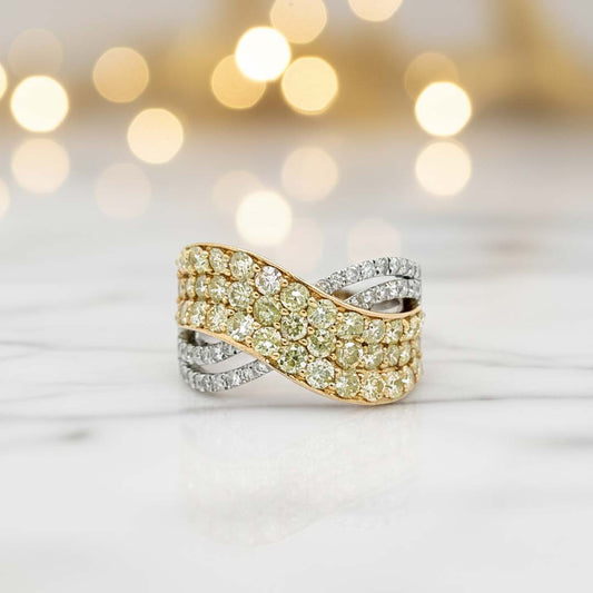 14KT Two-Tone Gold Fancy Yellow and White Diamond Crossover Band Ring