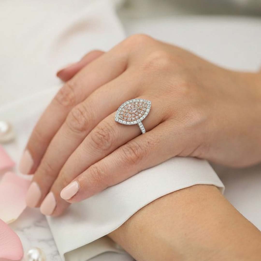 18KT Gold Sparkling Marquise Cluster Ring with Pink & White Diamonds – 1.40 Cts