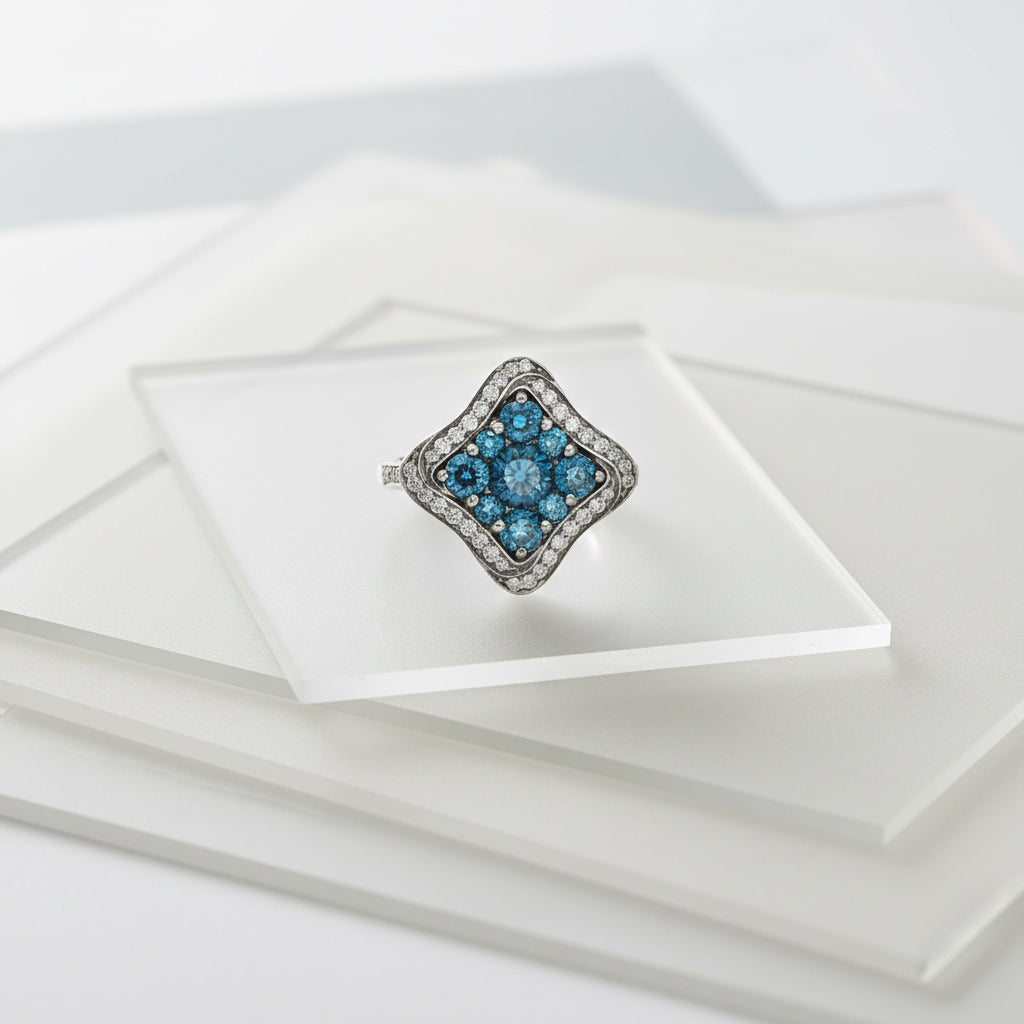 14K White Gold Blue & White Diamond Square Cluster Ring – 1.93 Total Carats of Timeless Elegance”