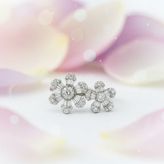 14K White Gold Dual-Flower Diamond Ring – 0.92 Total Carats of Graceful Sophistication
