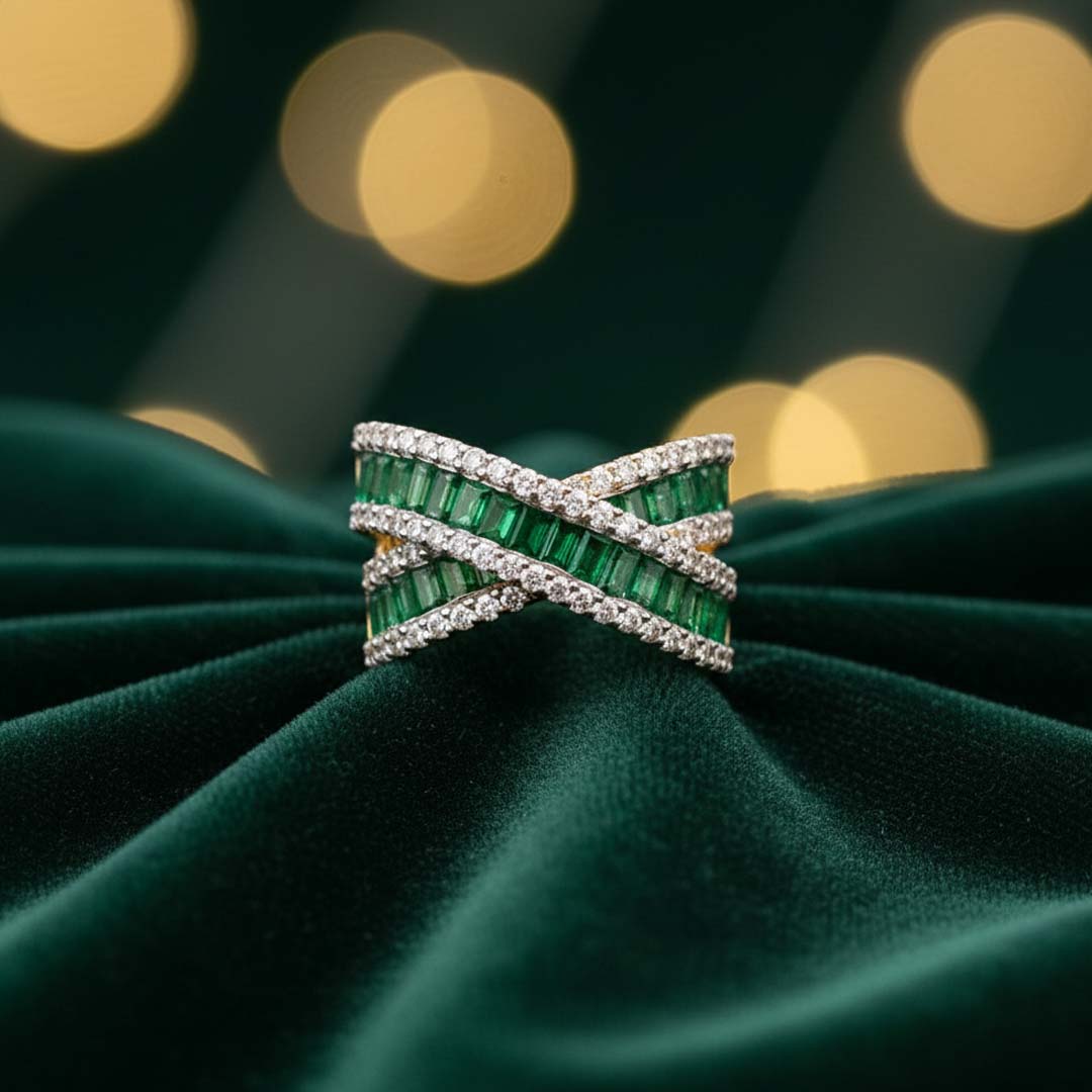 14KT Yellow Gold Emerald Cut Emerald (1.90 cts) and Diamond (0.90 cts) Crossover Band Ring