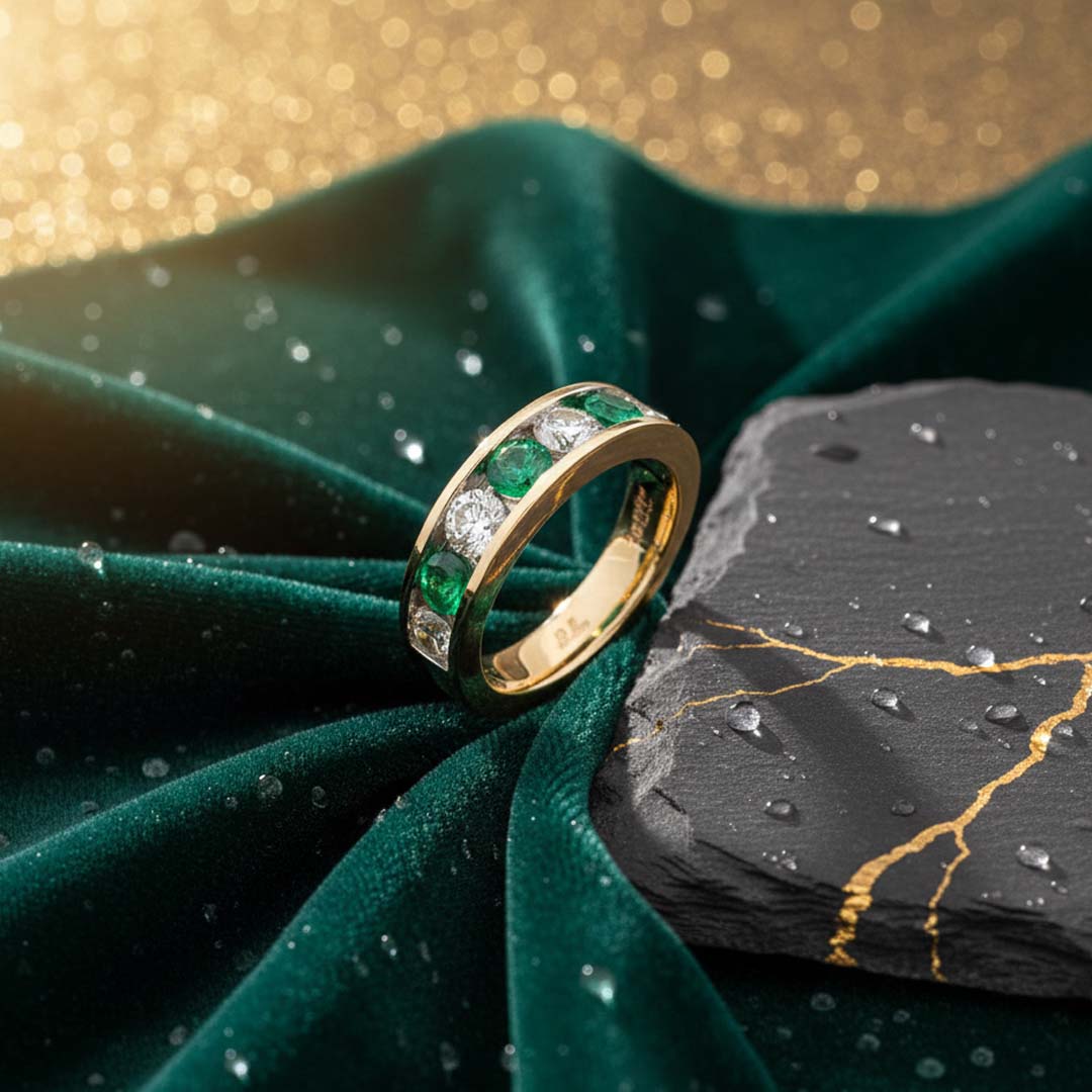 14KT Yellow Gold Channel Set Emerald (0.55 CT) and Diamond (0.85 CT) Band Ring