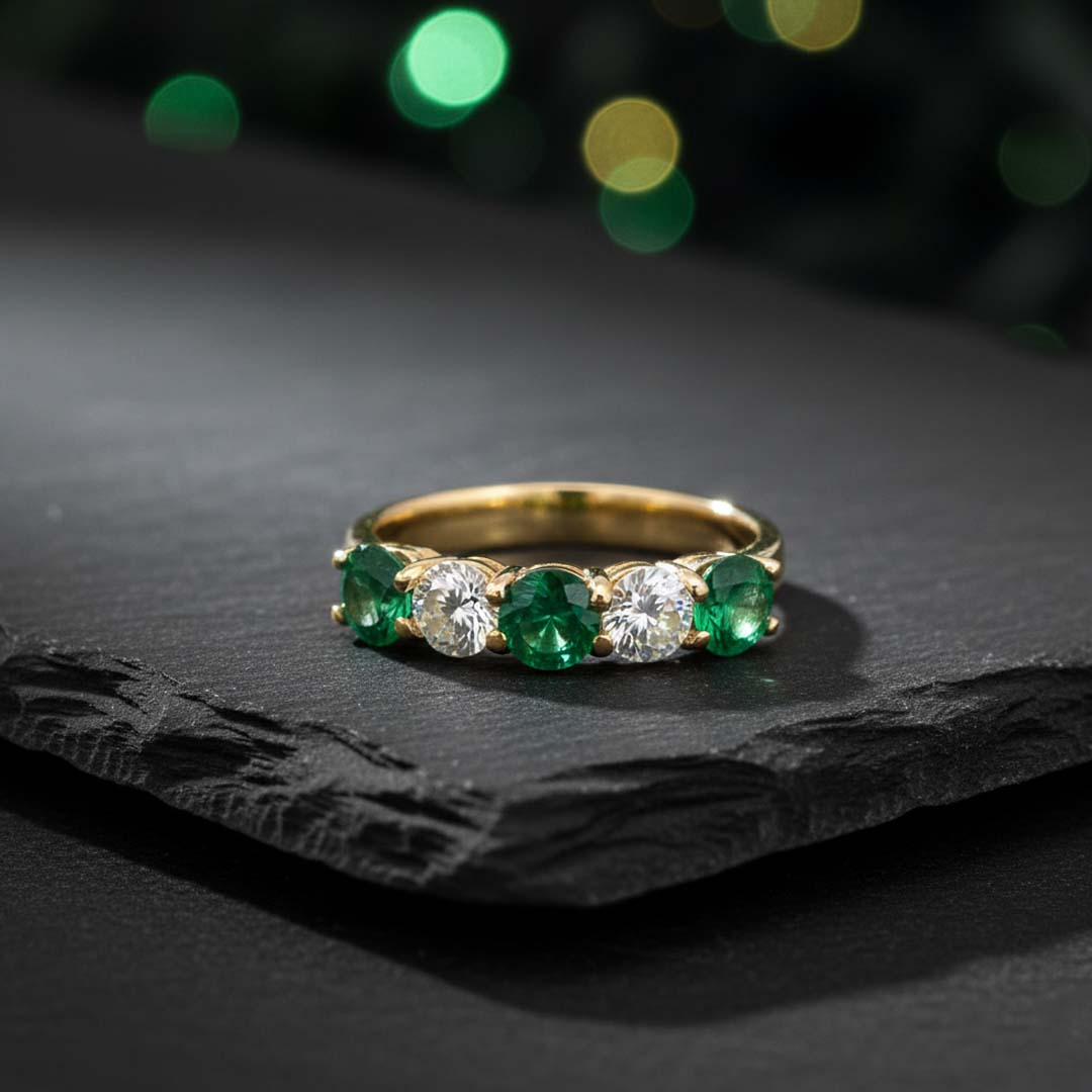 Emerald & Diamond Alternating Band Ring in 14KT Yellow Gold EM:0.91 CTS DIA :0.50CTS
