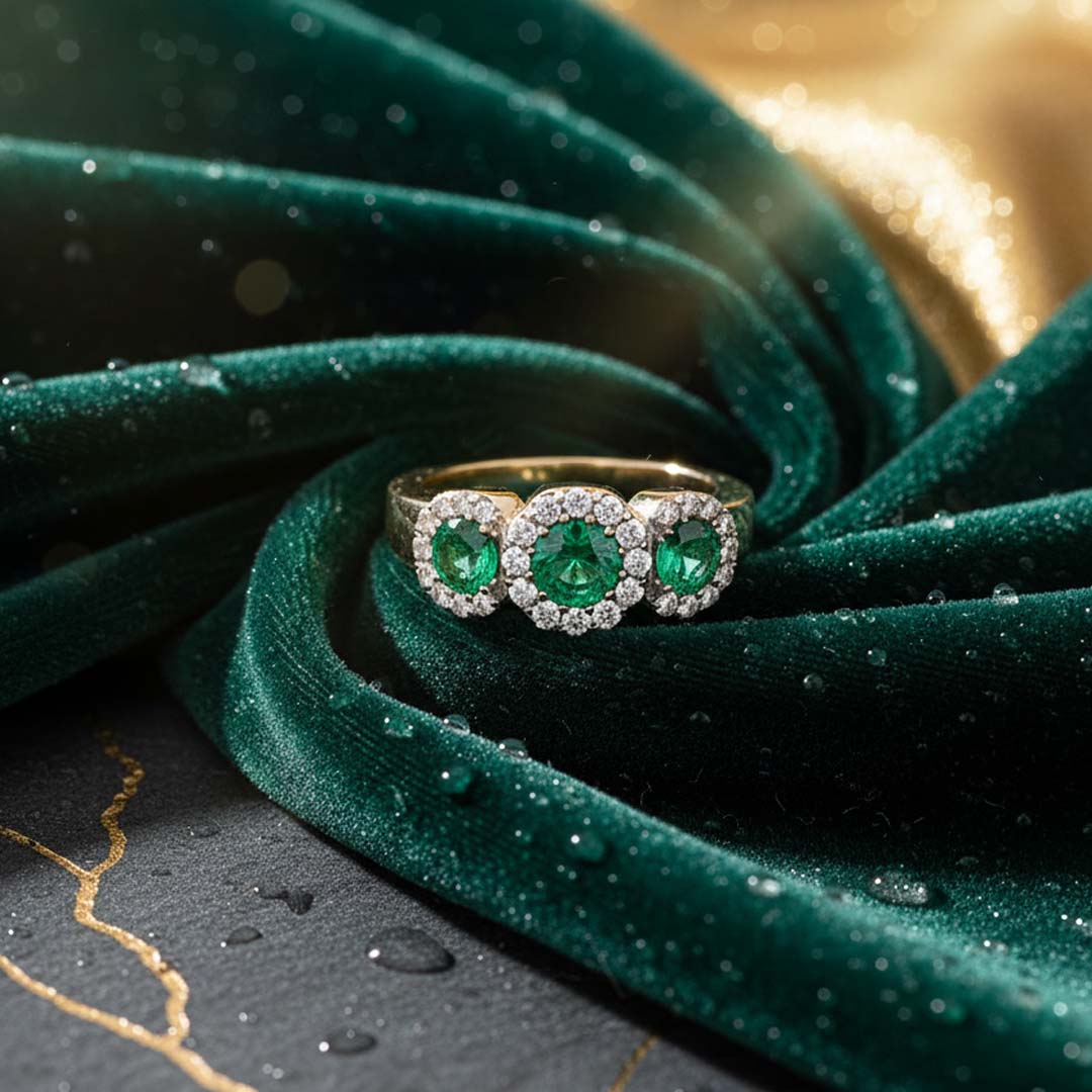 14KT YG Ring with 0.54 CT Total Emeralds and 0.45 CT Total Diamonds – Three-Stone Halo Design