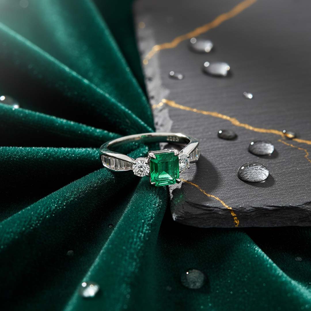 Platinum Ring with 0.97 ct Princess-Cut Emerald and 0.71 ctw Round & Baguette Diamonds