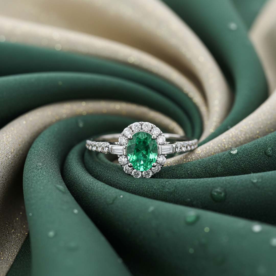 18K White Gold Oval Emerald and Diamond Band Ring (0.70 CT Emerald / 0.50 CT Diamonds)