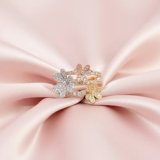 18K White, Yellow & Rose Gold Triple Flower Diamond Ring – 1.18ct Natural Diamonds