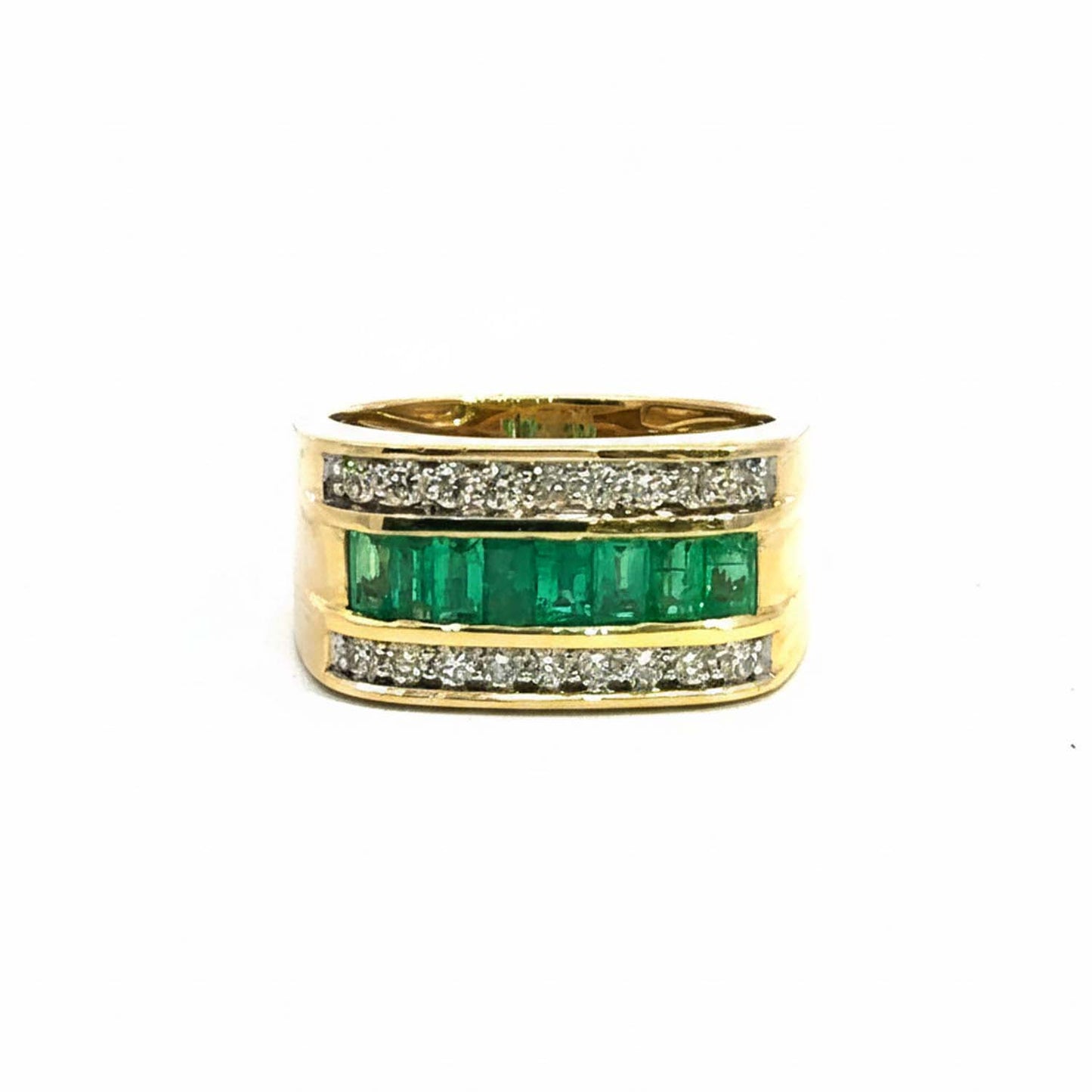 Men’s 14KT Yellow Gold Ring Featuring 1.35ct Baguette-Cut Emeralds and 0.61ct Diamonds