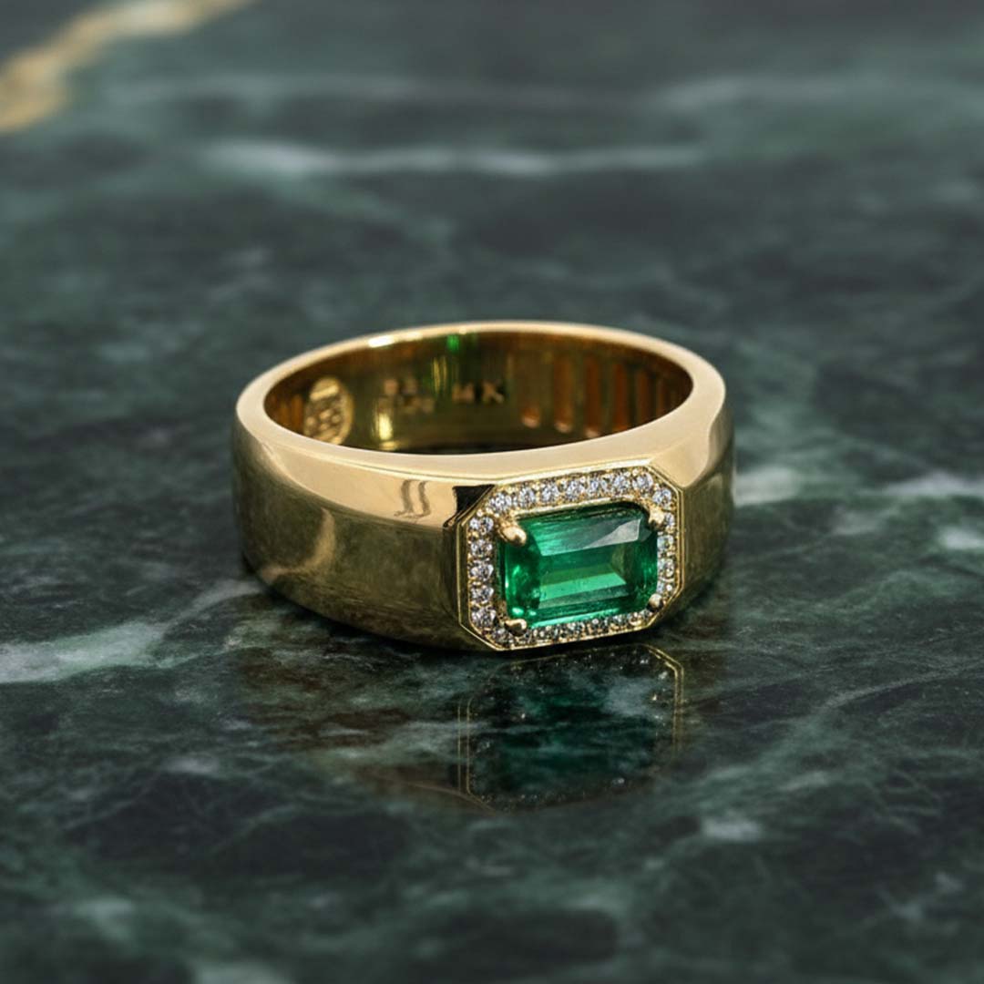 14KT Yellow Gold Men’s Ring Featuring 1.00ct Radiant Emerald-Cut Emerald and 0.16ct Diamonds"