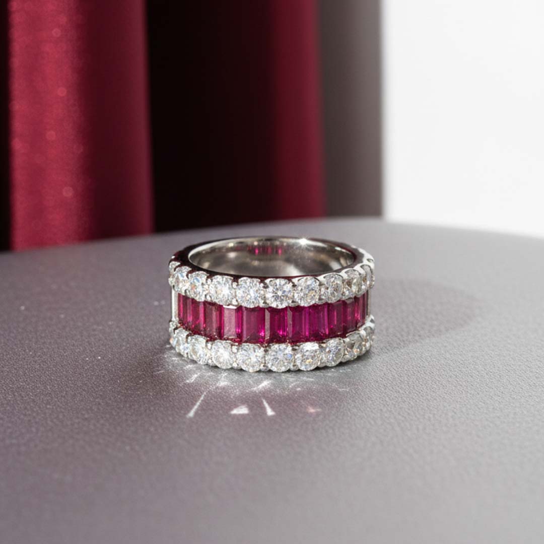 14KT Yellow Gold Ruby and Diamond Double-Row Band Ring (RB 2.56 cts / DIA 3.05 cts)