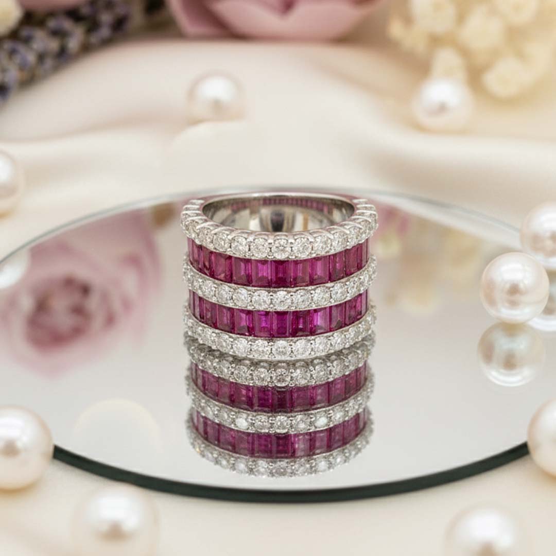 14KT White Gold Triple-Row Ruby and Diamond Band Ring (RB 4.54 cts / DIA 1.99 cts)