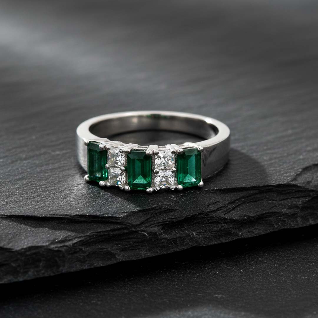 14KT WG Ring with 0.97 CT Emerald-Cut Emerald and 0.35 CT Total Diamond Weight
