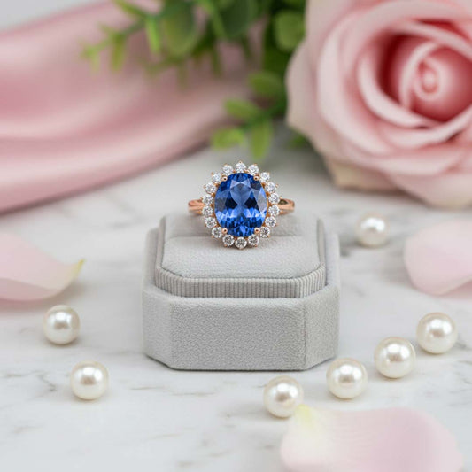 14KT Tanzanite and Diamond Ring – 4.90ct Tanzanite with 0.81ct Diamond Halo