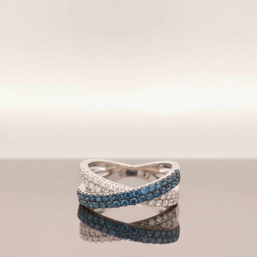 14K White Gold Ring with 0.56 CT Blue Diamonds & 0.44 CT White Diamonds – Twisted Design