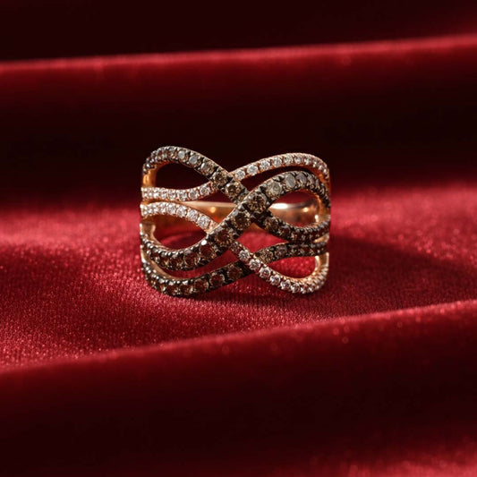 14K Rose Gold Cognac and White Diamond Crossover Ring – 1.35CT Total Weight