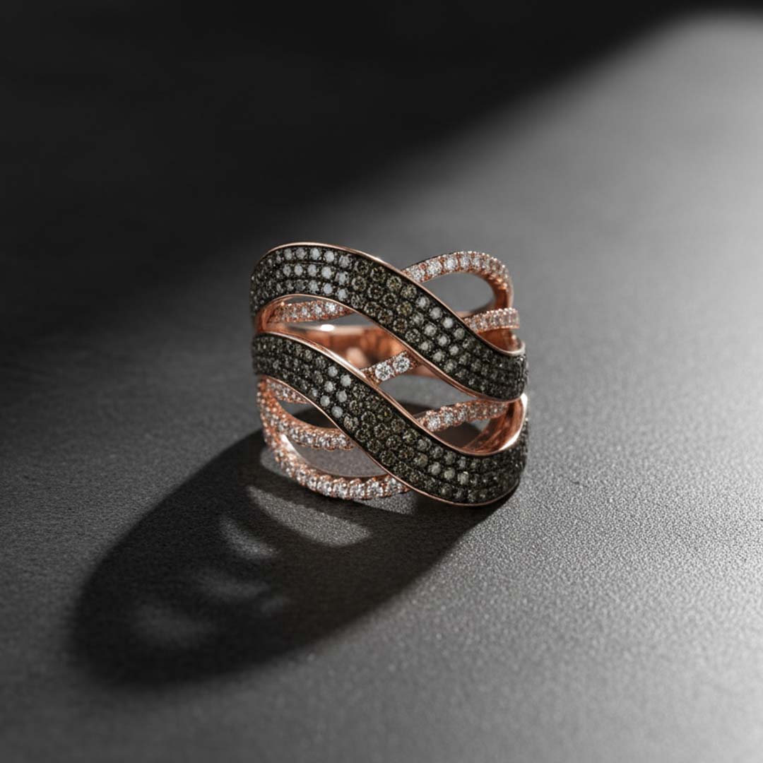14KT Rose Gold Wave Design Ring with 0.99ct Cognac Diamonds & 0.48ct White Diamonds