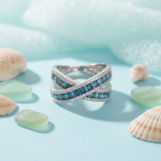 14K Gold 2.30 CT Blue and 0.45 CT White Diamond Channel-Set Crossover Band